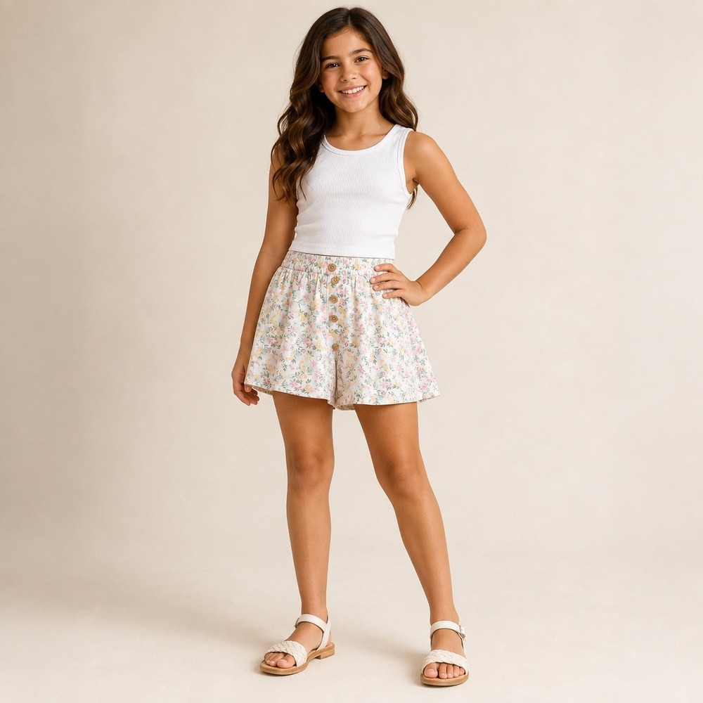 Jessica Simpson Shorts Girls Size 10 Cream Floral Linen Blend Button Front Boho